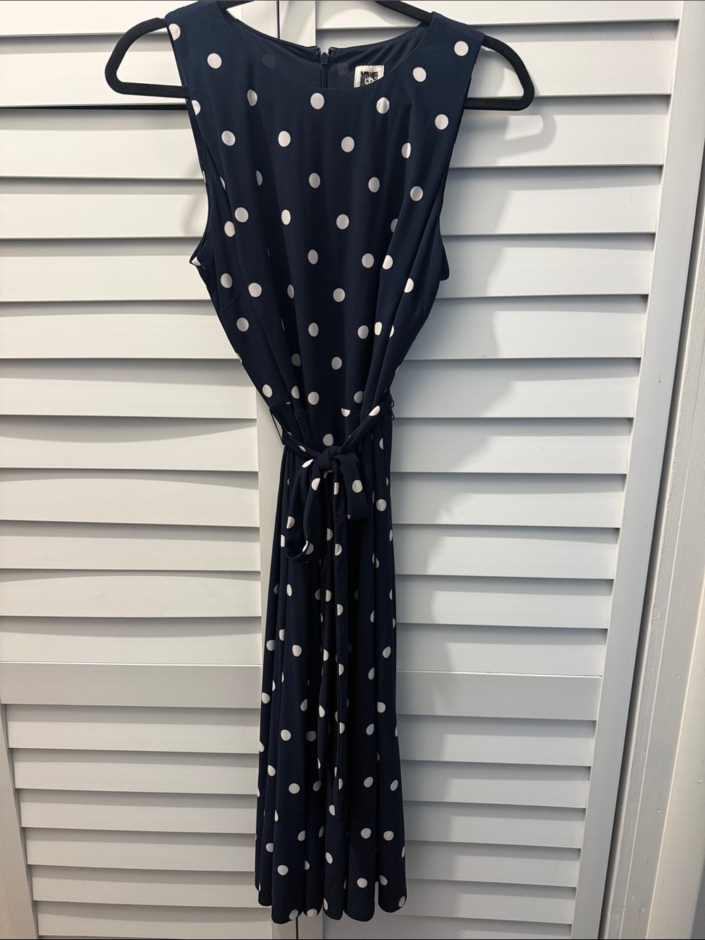 Anne Klein Navy Blue  & Off-White Polka Dot Midi Dress with Tie Waist, Size 8